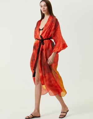 Jilda Marianna Kırmızı Desenli İpek Kimono