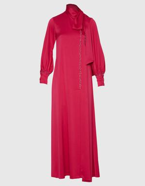 Neck Tie Detailed Long Pink Dress
