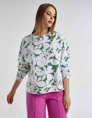 Kadın Yeşil Beyaz Mix Çiçek Desenli Rahat Kalıp Sweatshirt