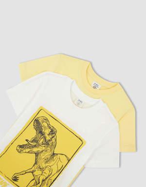 Erkek Çocuk Dinozor Baskılı Kısa Kollu Pamuklu Penye 2'li Tişört