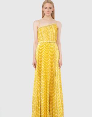 With Stripe Accessory Strap Pleated Yellow Dress