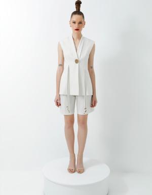 Double Ecru Suit with Tasselled Accessory Detail and Pleated Shorts