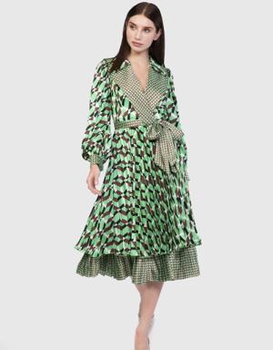 Geometric Patterned Pleated Belted Midi Length Green Dress