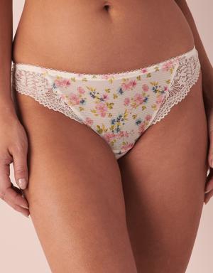 Lace Detail Printed Mesh Thong Panty