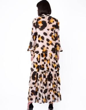 Neck Tie Detailed Leopard Pattern Long Chiffon Dress