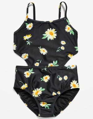 Patterned Cut-Out-Waist One-Piece Swimsuit for Girls black