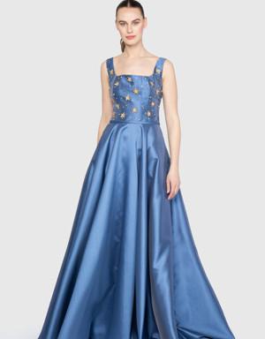 Square Neck Strap Voluminous Skirt Form Long Blue Dress