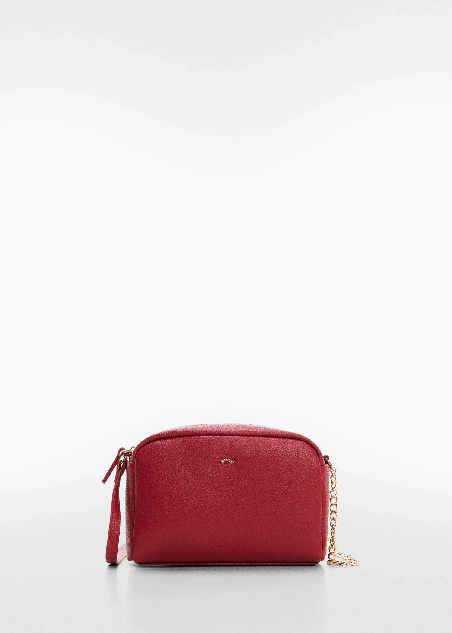 Mango Crossbody bag with chain. a close up of a red purse on a white background 