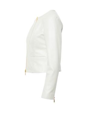 White Leather Jacket With Slits On The Back and Double Zipper Detail