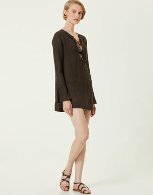 Alegra Kahverengi Önü Bağcıklı Mini Plaj Elbisesi