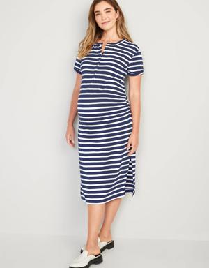 Maternity Short-Sleeve Slub-Knit Henley Midi Dress blue