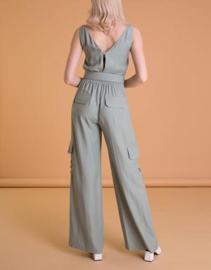 Moldy Green Overalls with Wide Leg Cargo Pocket