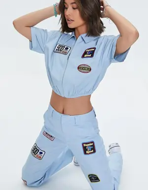 Forever 21 900 Series Club Patch Graphic Pants Sky Blue