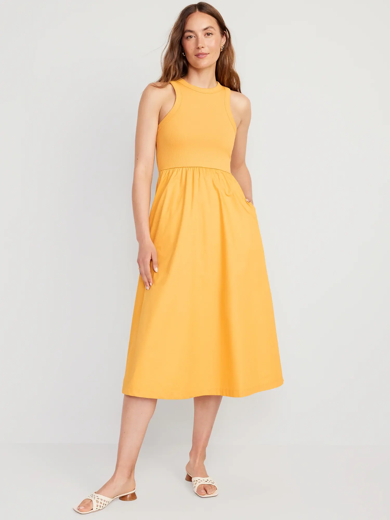 Old Navy Fit & Flare High-Neck Combination Midi Dress for Women yellow. 1