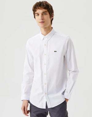 Erkek Slim Fit Düğmeli Yaka Organik Pamuk Beyaz Gömlek