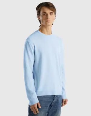light blue crew neck sweater in pure merino wool