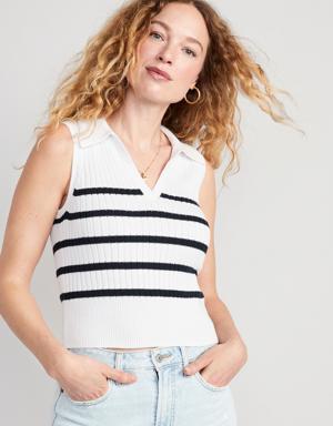 Sleeveless Rib-Knit Striped Cropped Polo for Women blue