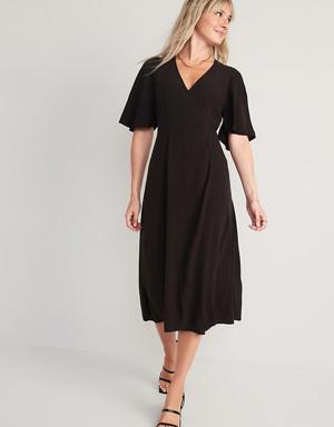 Waist-Defined Flutter-Sleeve Midi Wrap Dress for Women