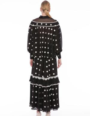 Long Polka Dot Black Skirt With Ruffle Ruched Stripe