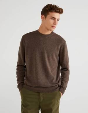 Brown crew neck sweater in pure Merino wool