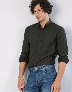 Modern Fit Shirt Neck Erkek Koyu Yeşil Uzun Kol Gömlek