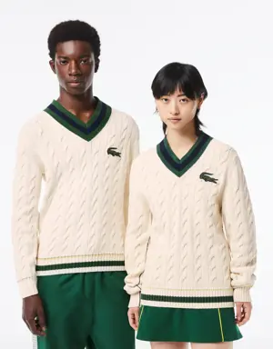 Unisex Lacoste V-Neck Cable Knit Sweater in Organic Cotton