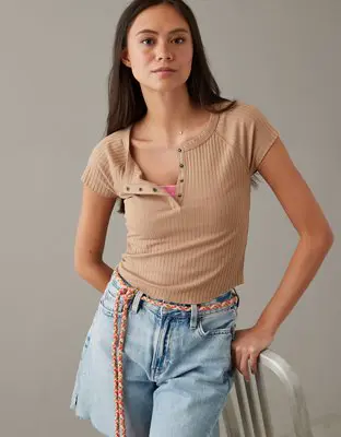 American Eagle Cropped Hey Baby Henley Tee. 1