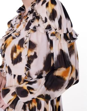 فستان شيفون طويل بتصميم الطبقات ونقشات جلد الفهد