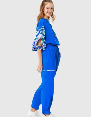 Comfortable Cut Sweatshirt with Balloon Sleeves and Saxe Blue Tracksuit with Elastic Waist Pockets