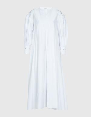 Long Poplin White Dress With Embroidery And Balloon Sleeve Detail