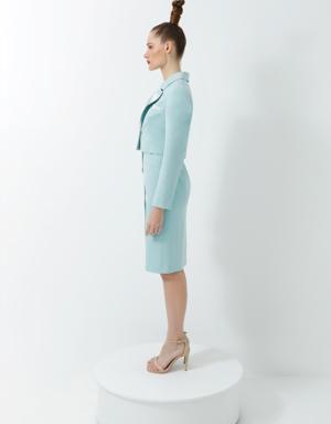 Mint Color Square Collar Stone Detailed Midi Length Pencil Dress And Satin Collar Detailed Crop Jacket Suit