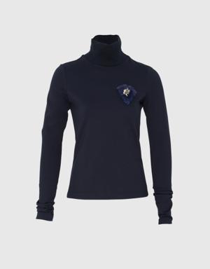 Knitwear Turtleneck Detailed Embroidered Navy Blue Top