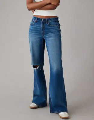 American Eagle Dreamy Drape Strigid Ripped Low-Rise Baggy Flare Jean. 1