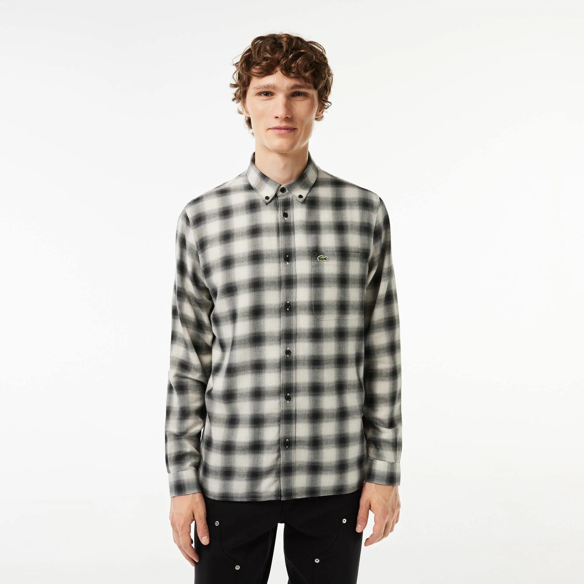 Lacoste Men's Cotton and Wool Blend Checked Flannel Shirt. 1