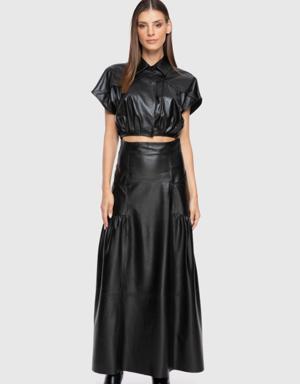 Front Snap Closure Crop Black Leather Top