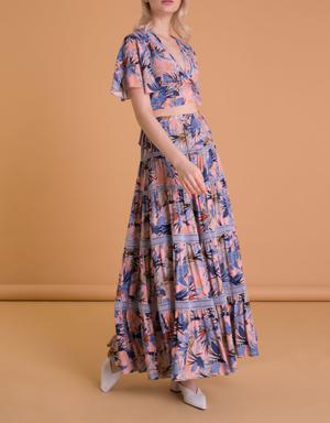 Tropical Patterned Flared Blue Skirt