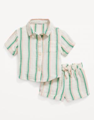 Printed Short-Sleeve Double-Weave Pocket Shirt & Shorts Set for Baby multi
