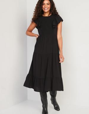 Fit & Flare Flutter-Sleeve Tiered Smocked Midi Dress for Women black