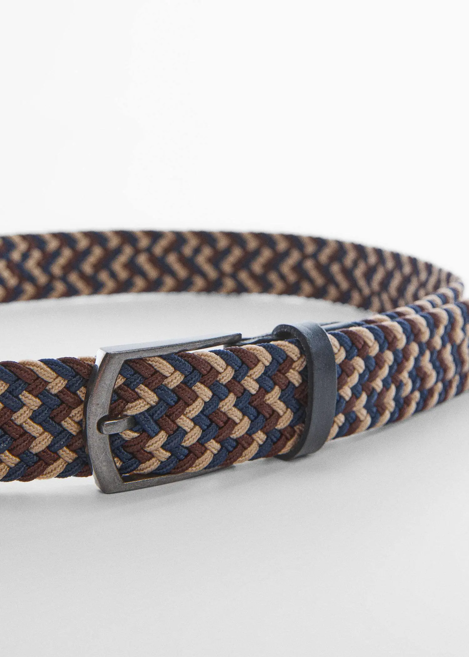 Mango Braided elastic coloured belt. a close-up of a brown, tan, and blue belt. 