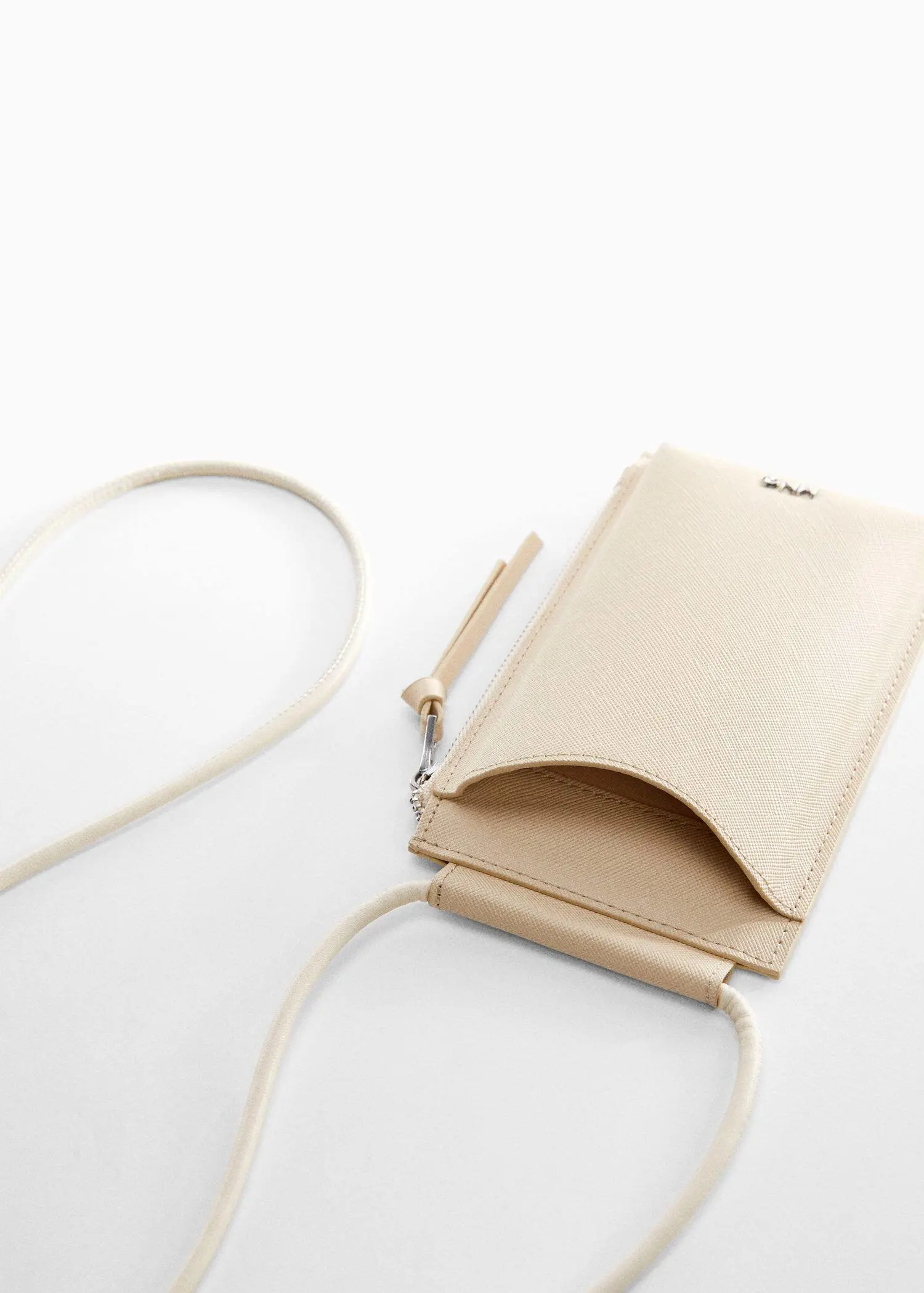 Mango Saffiano-effect mobile case. a phone case is shown with a long strap. 