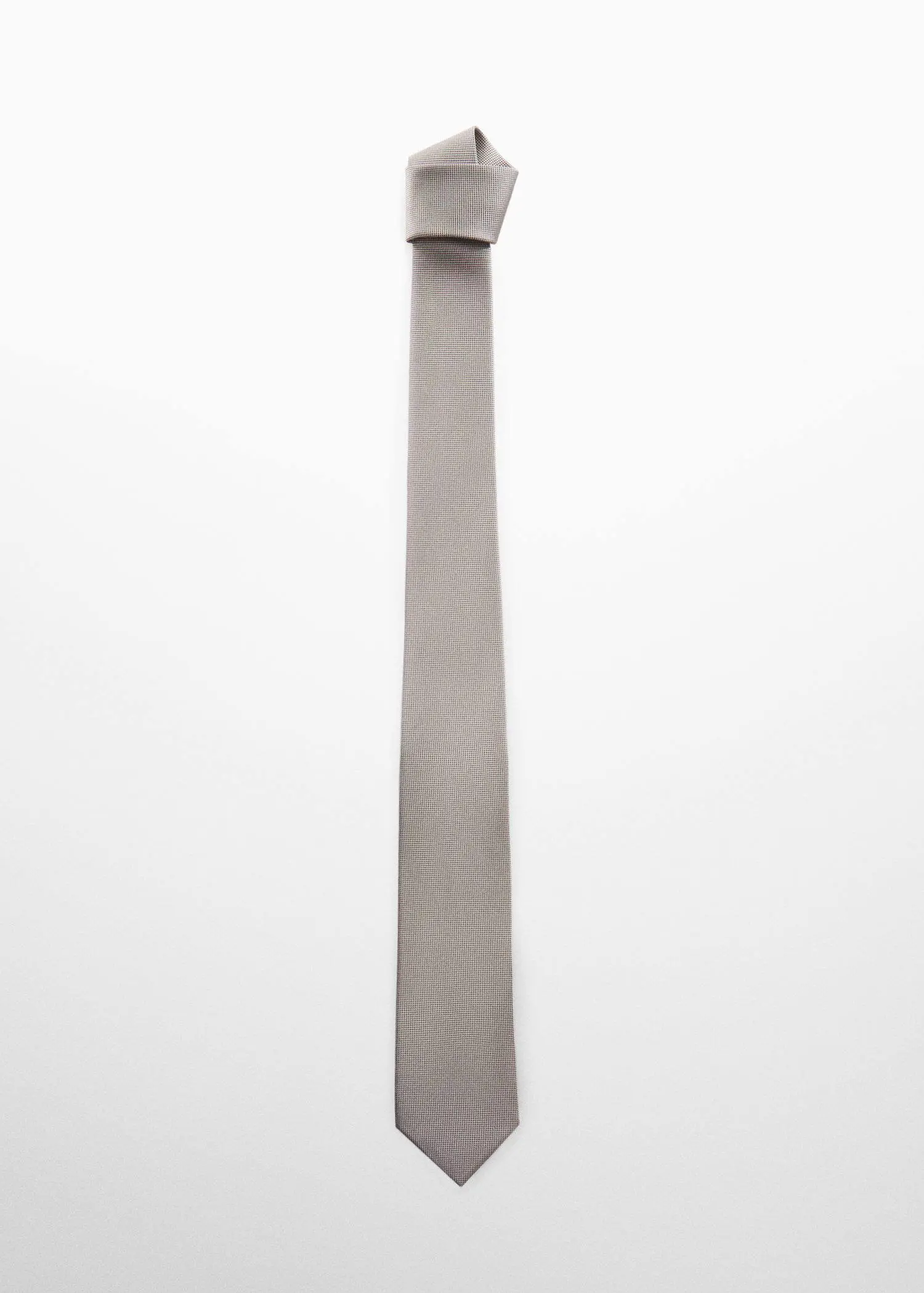 Mango Micro-print tie. a long silver tie hanging on a white wall. 
