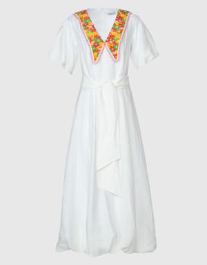 Floral Embroidered Detailed Ecru Dress