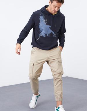 Lacivert Kuzgun Baskılı Kapüşonlu Kanguru Cepli Rahat Form Erkek Sweatshirt - 88014