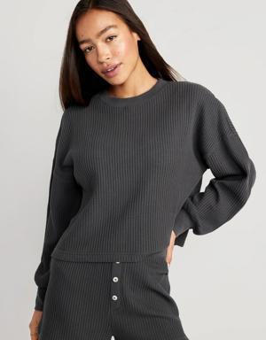 Long-Sleeve Waffle-Knit Pajama Top for Women black