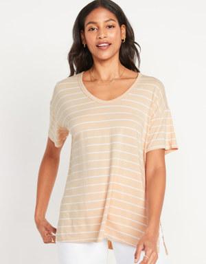Short-Sleeve Luxe Oversized Scoop-Neck Striped Tunic T-Shirt for Women beige