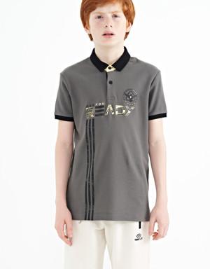 Koyu Gri Yazı Baskı Desenli Standart Kalıp Polo Yaka Erkek Çocuk T-Shirt - 11143
