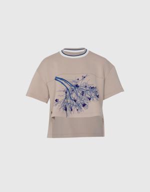 Printed Embroidered Detailed Bej T-Shirt