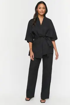 Forever 21 Forever 21 Linen Belted Kimono &amp; Pants Set Black. 2