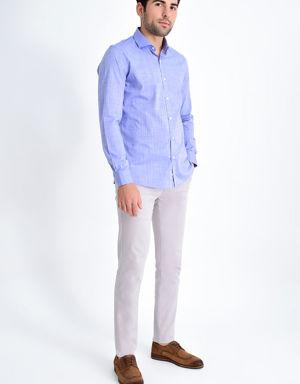 Mavi Slim Fit Düz Pamuklu Uzun Kol Gömlek