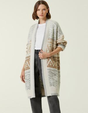 Gri Bej Jakarlı Uzun Hırka